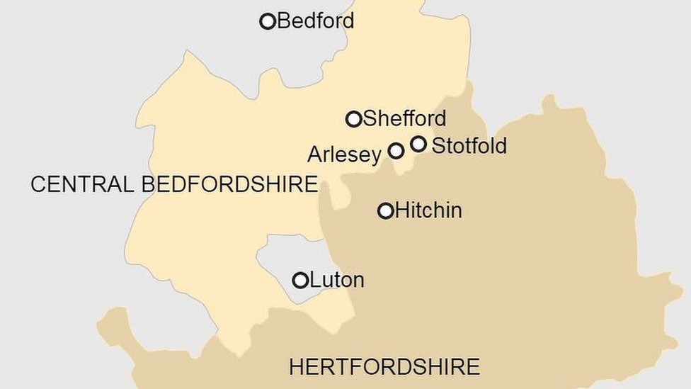 Карта, показывающая Арлси, Шеффорд и Стотфолд в Бедфордшире