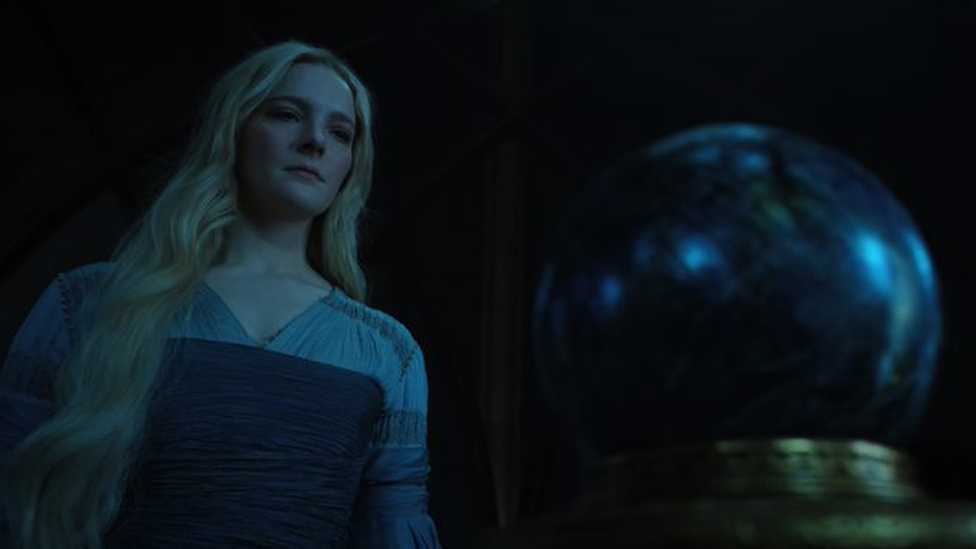A scene from Rings of Power shows British actor Morfydd Clark, who plays the part of elf Galadriel