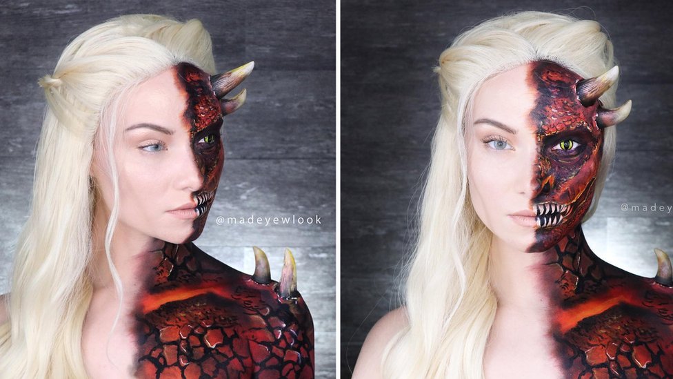 YouTuber Madeyelook paints transforms herself into Daenerys Targaryen from Game of Thrones painting half her face as her red dragon Drogon and the other half as Dany