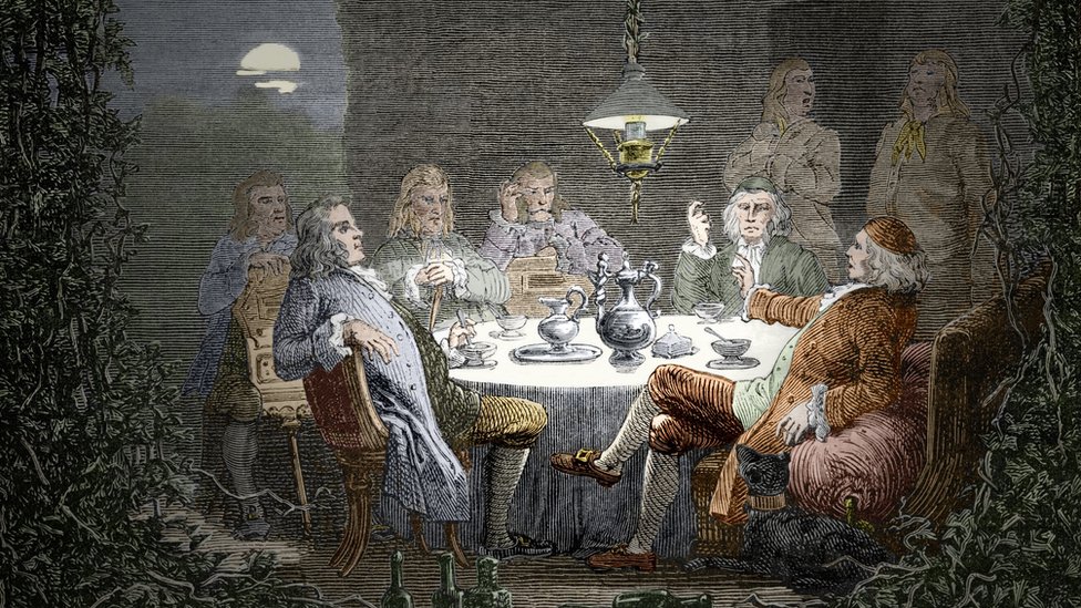 Erasmus Darwin gibi bilim insanları ve sanayicilerin bir araya gelerek yemek yediği, bilimsel ve teknolojik ilerleme üzerine konuştuğu The Lunar Society kulübünün gravürü
