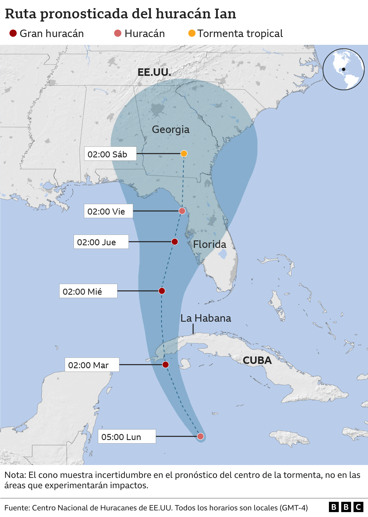Mapa de la ruta pronosticada del huracán Ian.