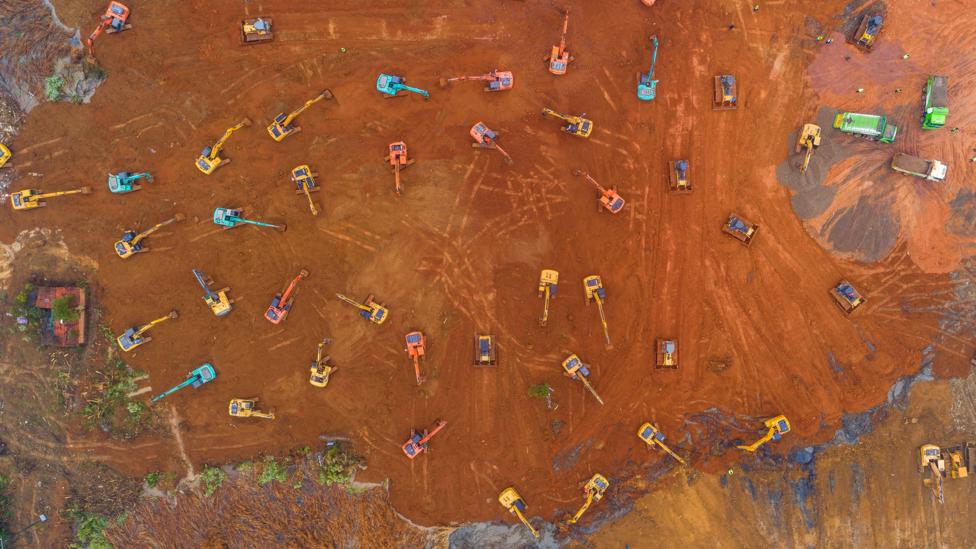 Aerial view of the construction of a hospital in Wuhan