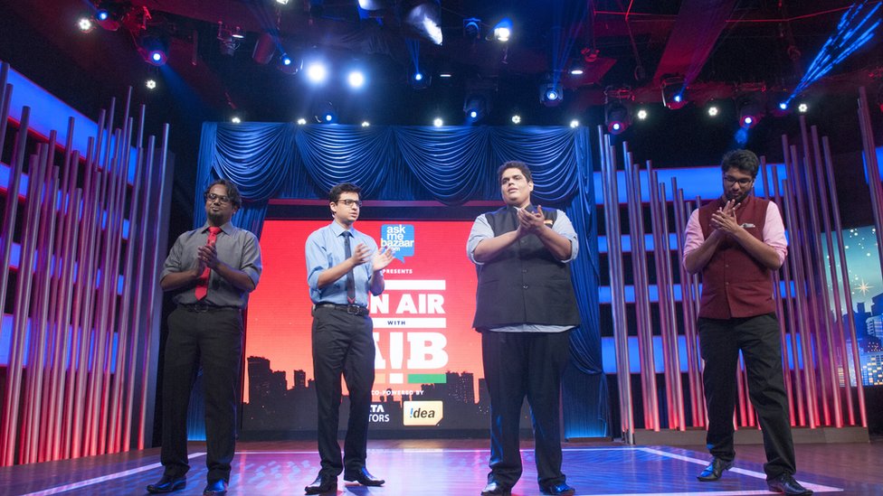 Members of the comedy troupe All India Bakchod (AIB), Tanmay Bhat ( 2 R) , Rohan Joshi (2 L), Gursimran Khamba (R) and Ashish Shakya (L) recording its first television gig, On Air with AIB