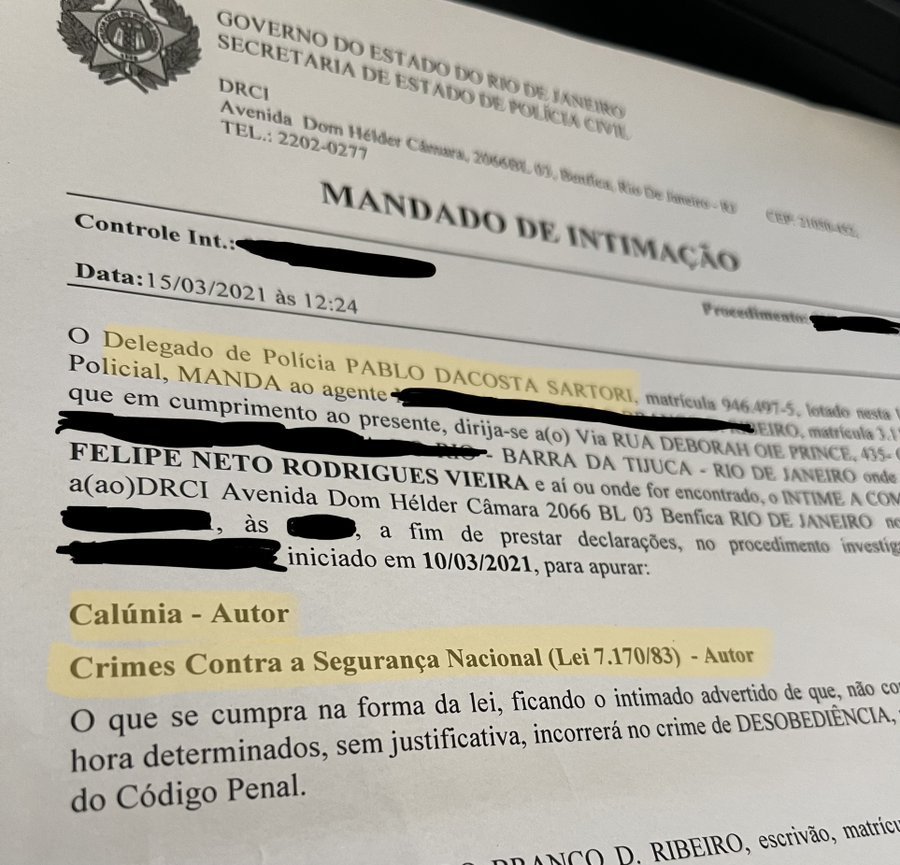 Mandado de intimação contra Felipe Neto