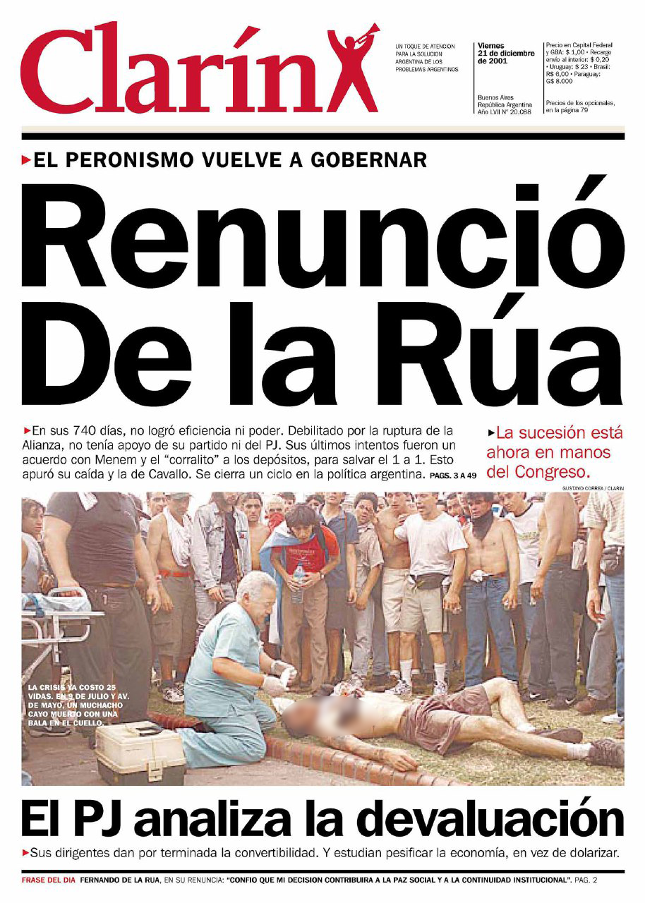 Tapa del diario Clarín del 21 de diciembre de 2001.