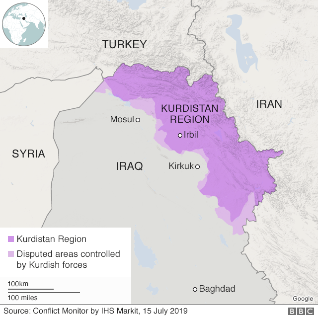 Карта, показывающая Курдистан в Ираке и спорные районы, контролируемые курдскими силами