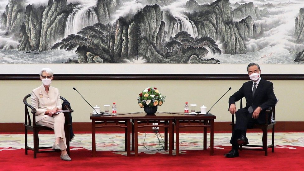 U.S. Deputy Secretary of State Wendy Sherman meets Chinese State Councilor and Foreign Minister Wang Yi in Tianjin, China in this handout picture released July 26, 2021. U.S. Department of State/Handout via REUTERS