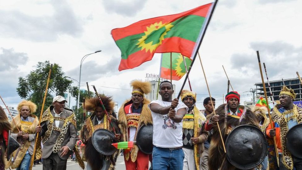 Oromo people gather to celebrate the return of the formerly banned anti-government group the Oromo Liberation Front (OLF) at Mesqel Square in Addis Ababa, Ethiopia - 15 September 2018