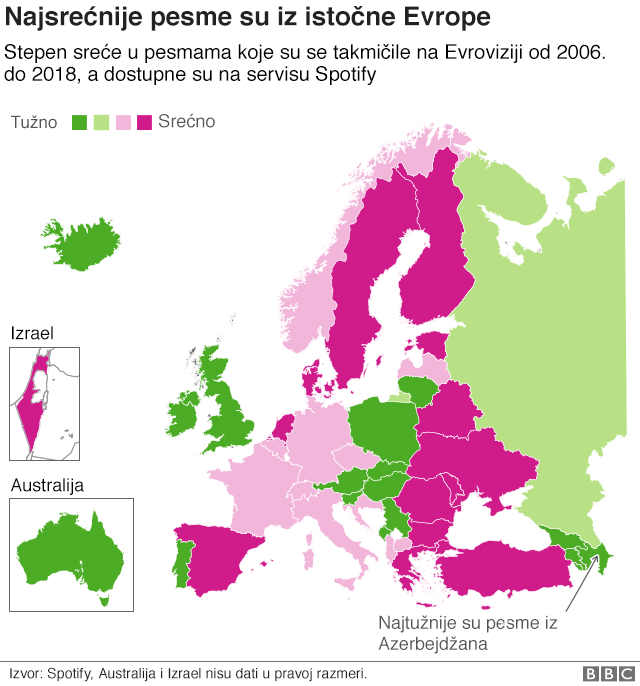 Tabela koja pokazuje da su najsrećnije pesme iz istočne Evrope