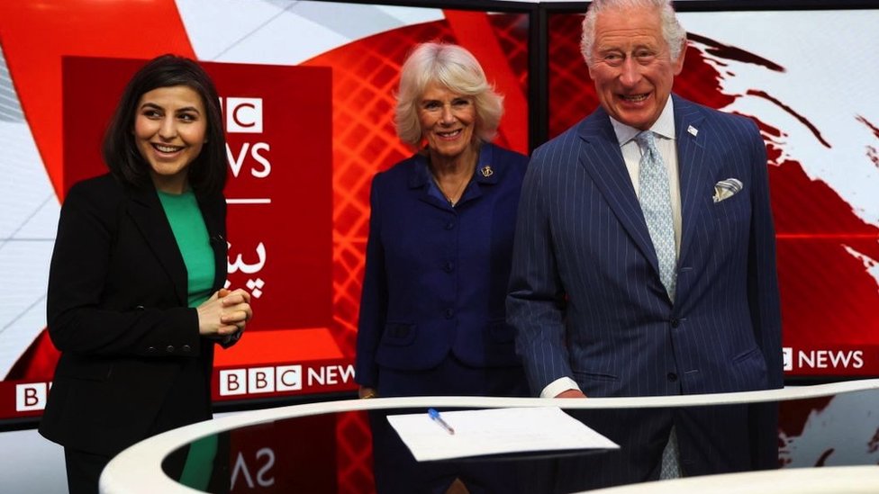 BBC Afghan Senior Presenter Sana Safi with King Charles III and Queen Camilla in the TV studios at BBC Broadcasting House