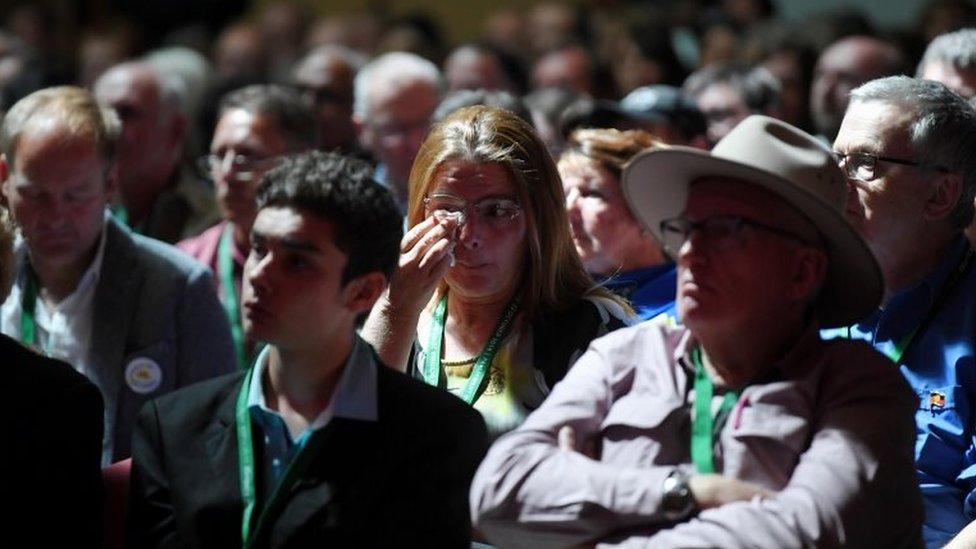 A woman sitting among dozens of people in a parliamentary gallery dabs at a tear