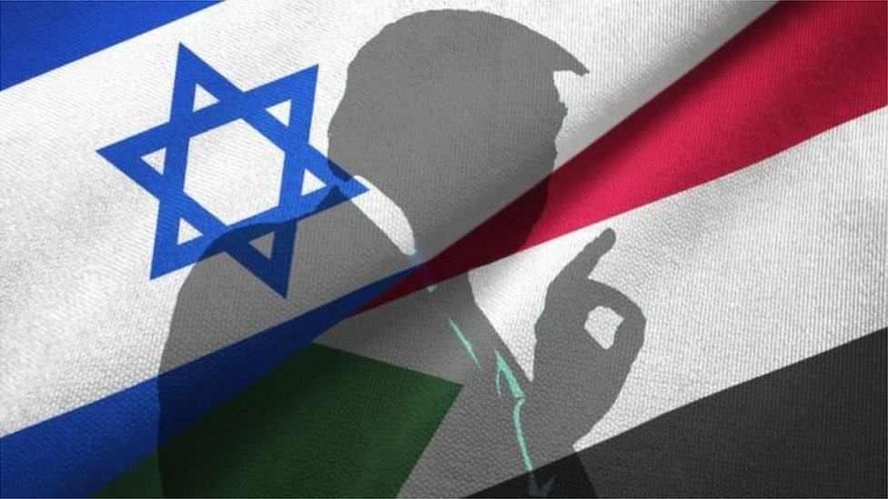 سيلويت للرئيس الأمريكي ترامب خلف مزج بين العلمين السوداني والإسرائيلي