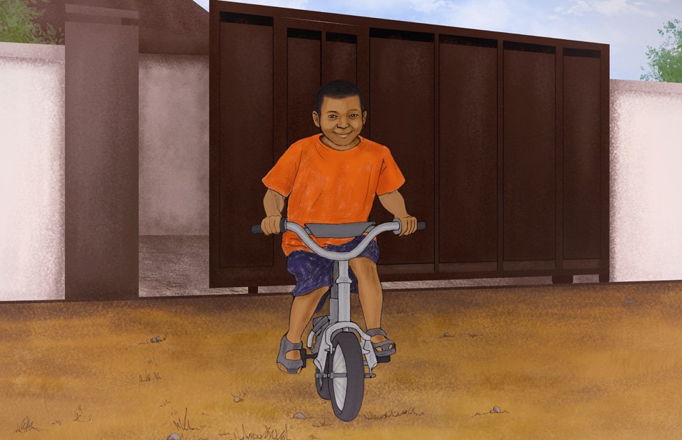 Ilustración de Samuel Abdulraheem con 7 años en una bici.