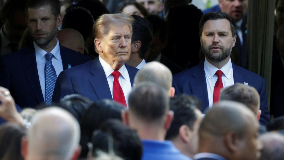 Republican presidential nominee and former U.S. President Donald Trump and Republican U.S. vice presidential nominee Senator JD Vance attend a ceremony marking the 23rd anniversary of the September 11, 2001 attacks on the World Trade Center at the 9/11 Memorial and Museum in the Manhattan borough of New York City, U.S., September 11, 2024