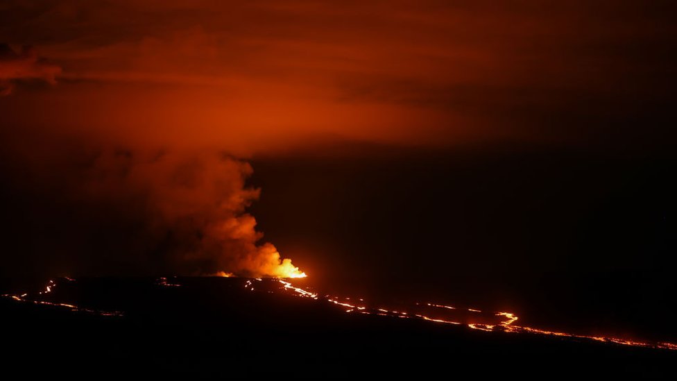 A view from Mauna Loa, the world's largest active volcano, began to erupt overnight on November 30, 2022 in Big Island of Hawaii, United States.