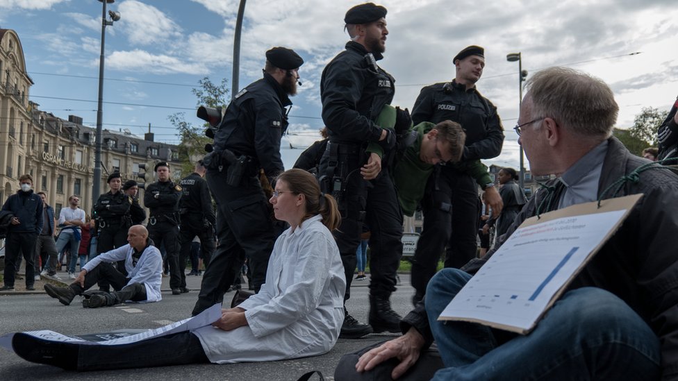 Scientists protesting on a road in Munich, Germany