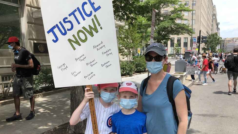 Laura Hopman with her sons Nate and Ben at a protest in DC on 6 June 2020