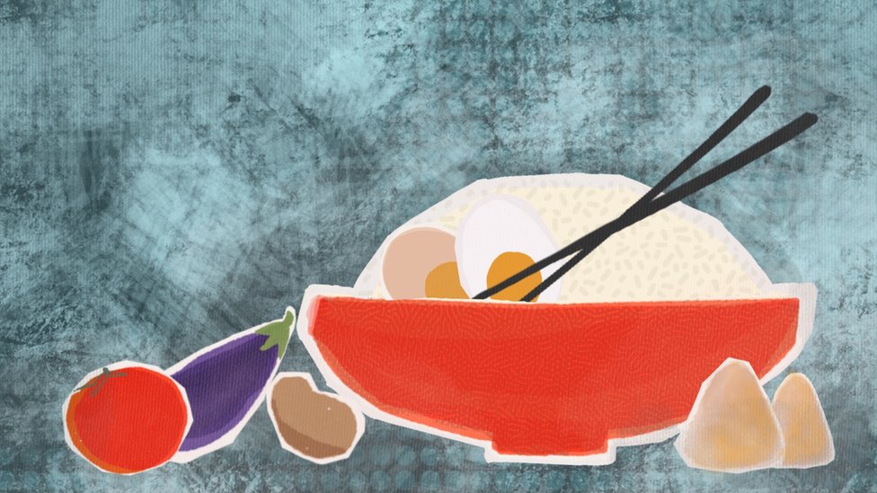 Abstract illustration of bowl of rice with eggs and chopsticks, with some vegetables and snacks around the bowl