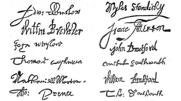 Firmas del pacto del Mayflower, un conjunto de reglas para el autogobierno establecido por los colonos ingleses que viajaron al Nuevo Mundo.