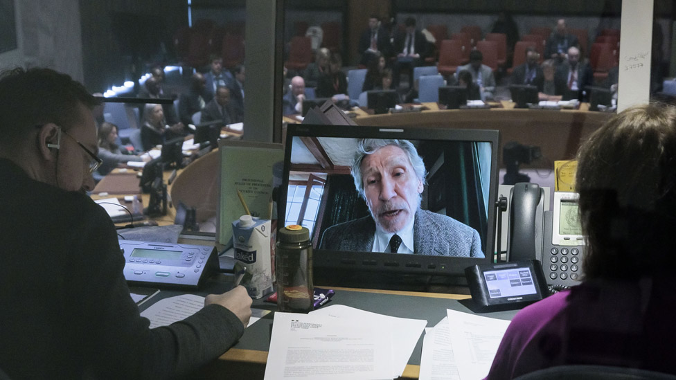 British musician Roger Waters, seen on an interpreter's monitor, delivers a speech via video to a United Nations Security Council meeting called by Russia about weapons given to Ukraine at United Nations headquarters in New York, New York, USA, 08 February 2023