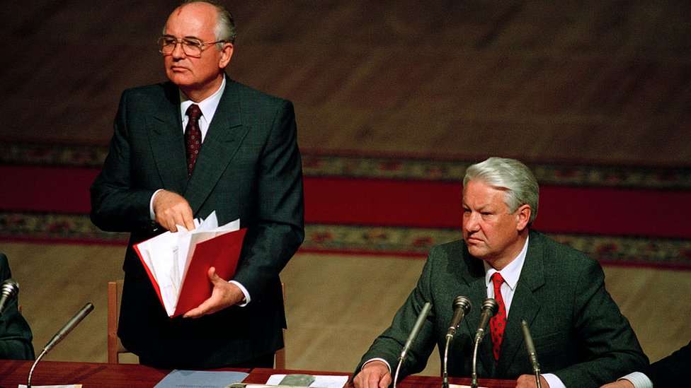 Mikhail Gorbachev and Boris Yeltsin in Parliament after the coup.