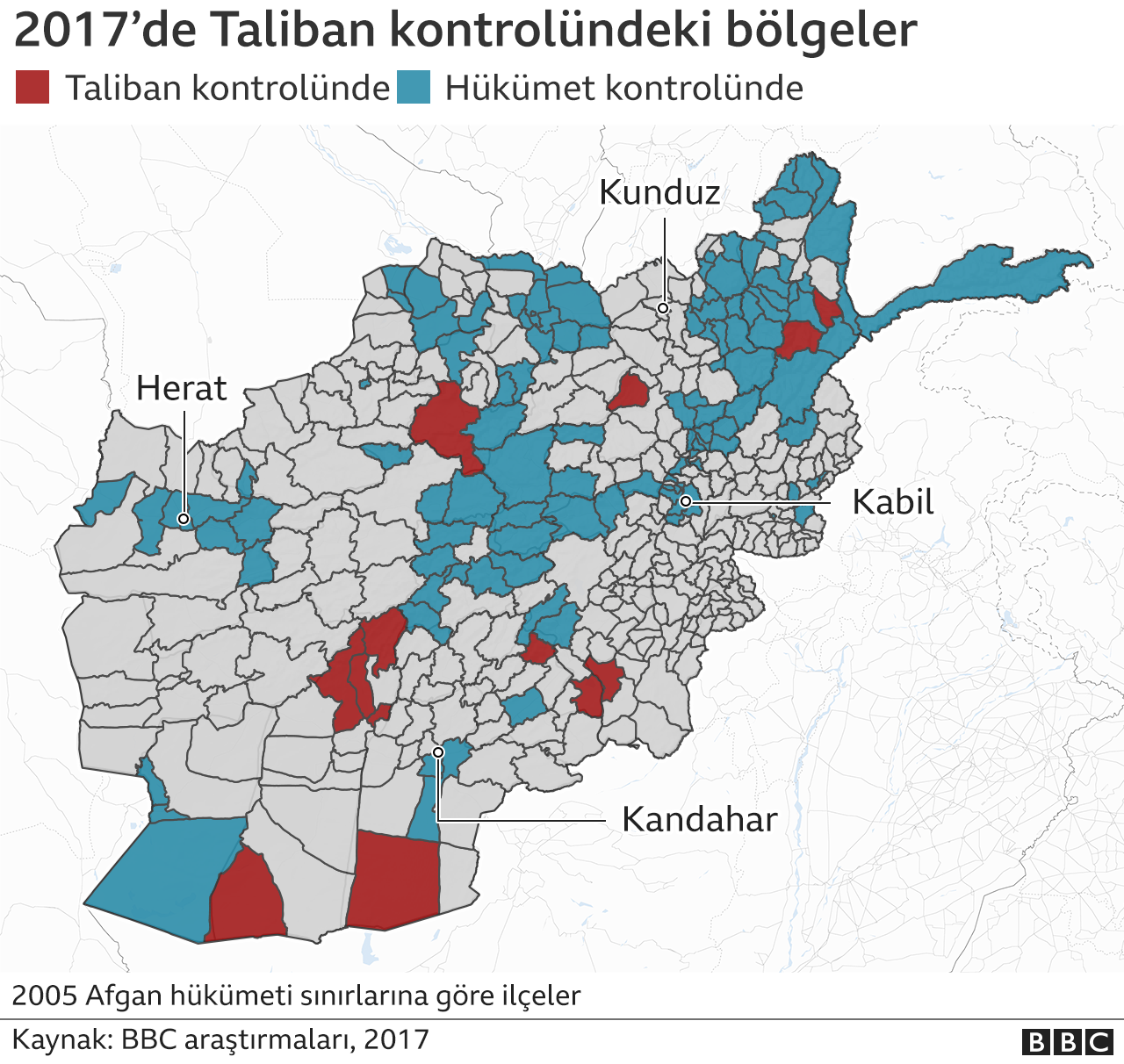 2017'de Taliban kontorlünde olan bölgeler