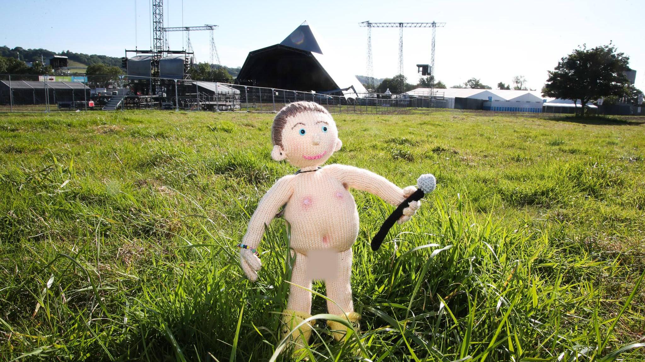 Naked knitted Chris Martin doll at Glastonbury Festival