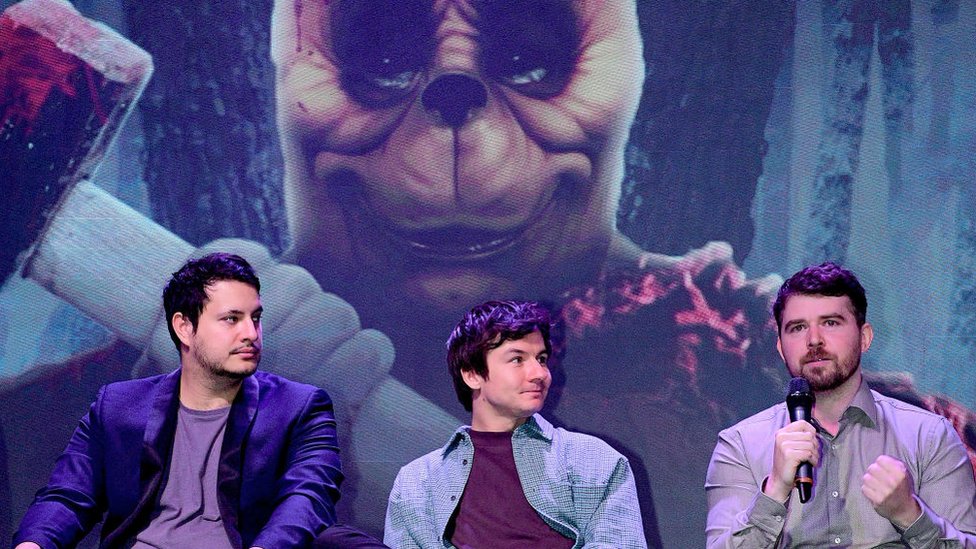 Vince Knight, Scott Jeffrey y Rhys Frake-Waterfield durante la rueda de prensa de la película 'Winnie The Pooh Sangre y Miel' en Ciudad de México.