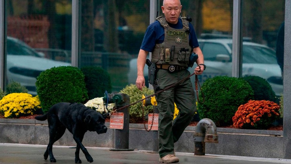 Guardia de policía caminando con un perro.