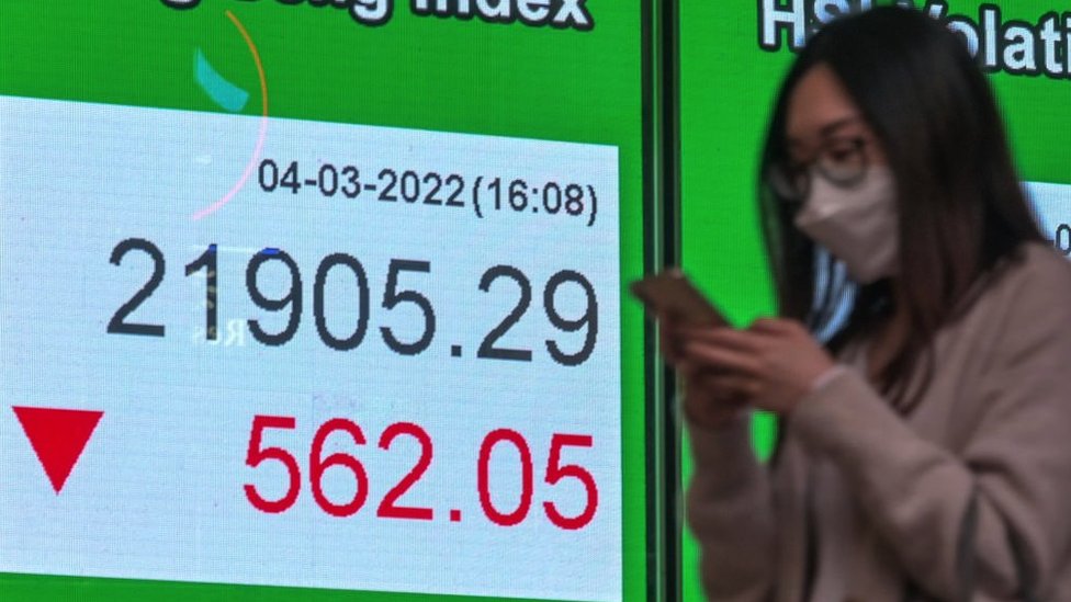 A woman walks by an electronic screen displaying the Hang Seng Index on March 4, 2022 in Hong Kong