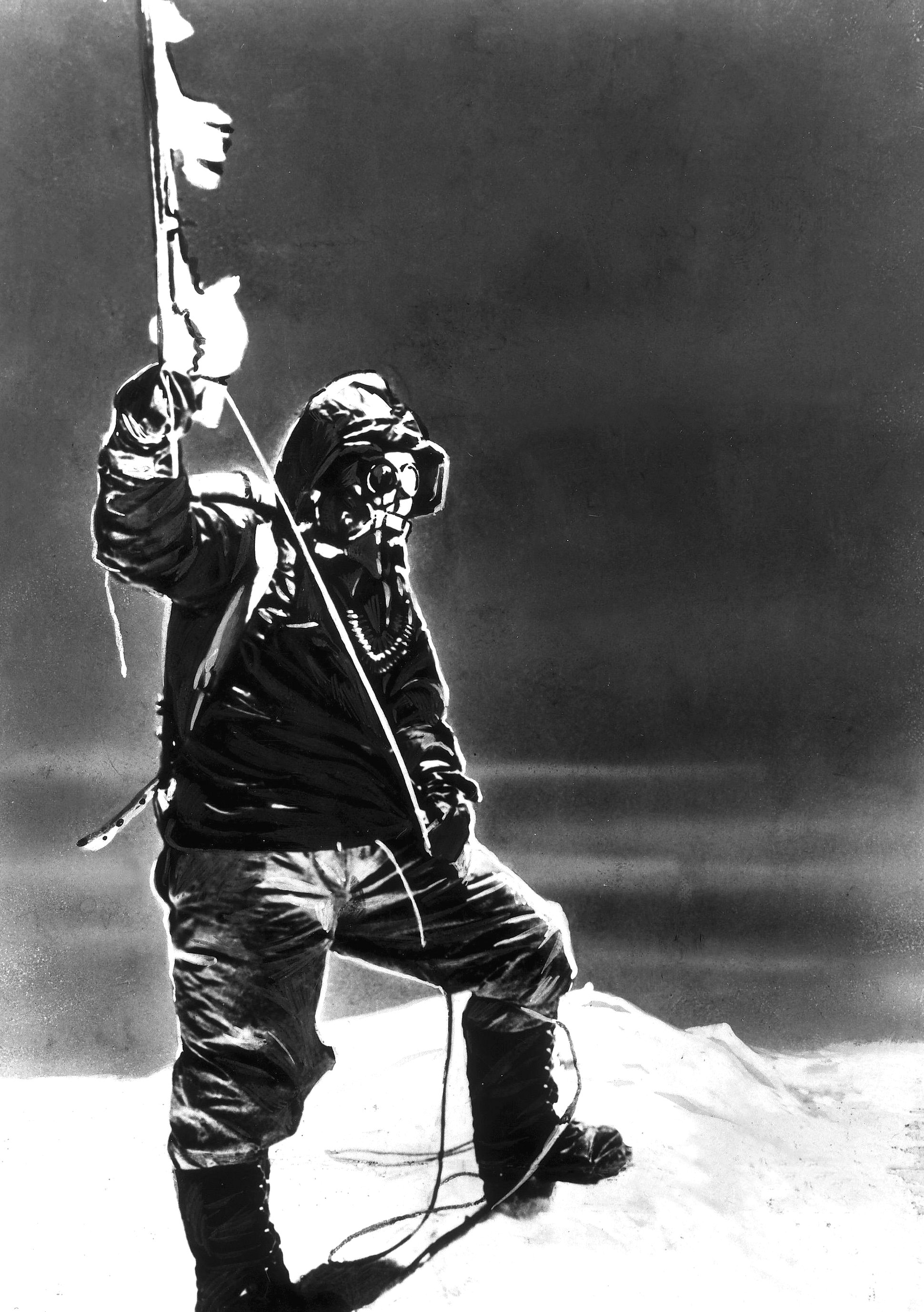 Sherpa Tenzing Norgay (1914 - 1986) holds an ice axe at the summit of Mt. Everest, Nepal, 1953