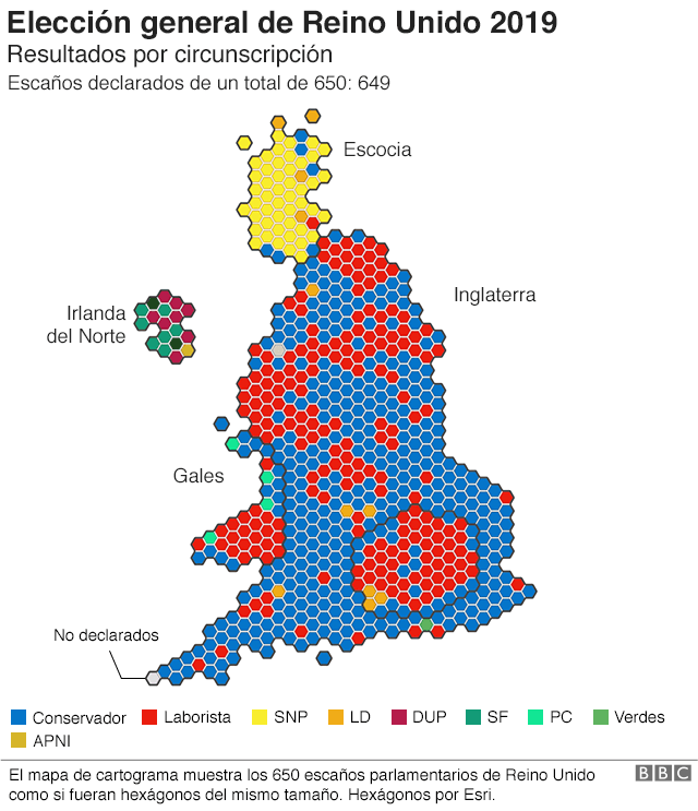 Mapa de Reino Unido con los resultados de las elecciones 2019