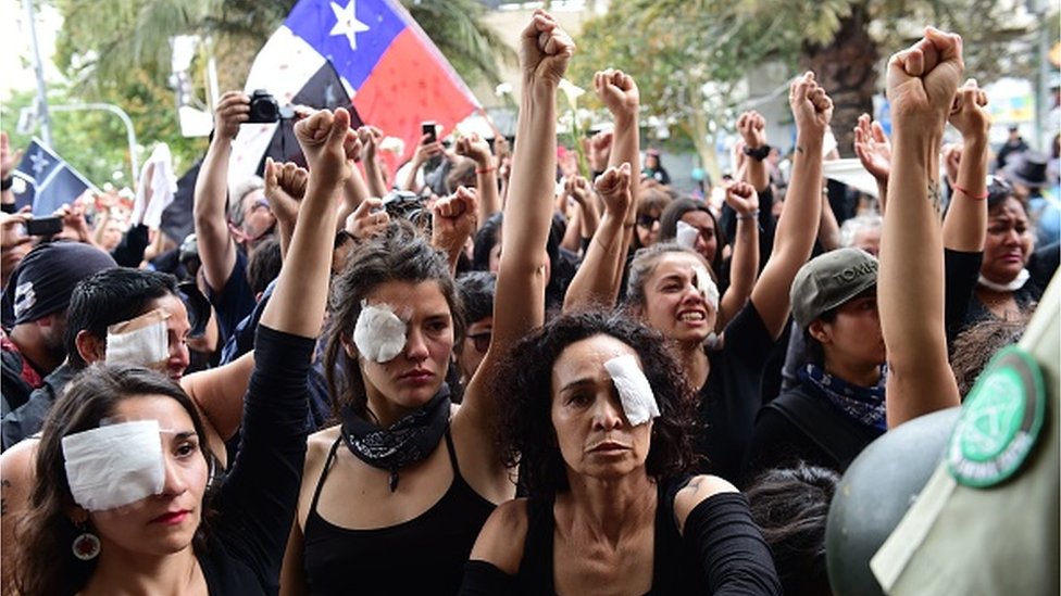 Manifestantes en Chile con parches en los ojos