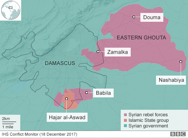 Карта, показывающая контроль над Восточной Гутой (18 декабря 2017 г.)