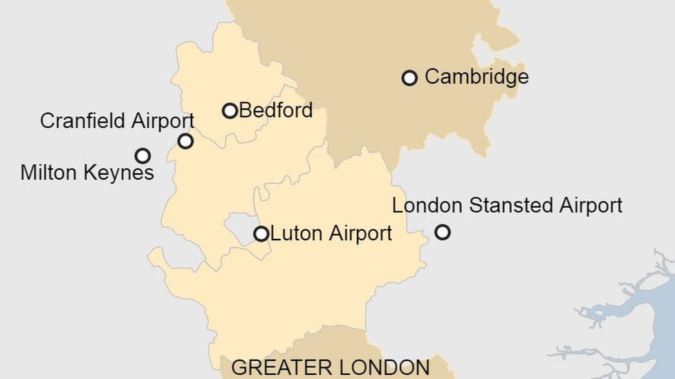 Карта с изображением Кембриджа и аэропорта Крэнфилд