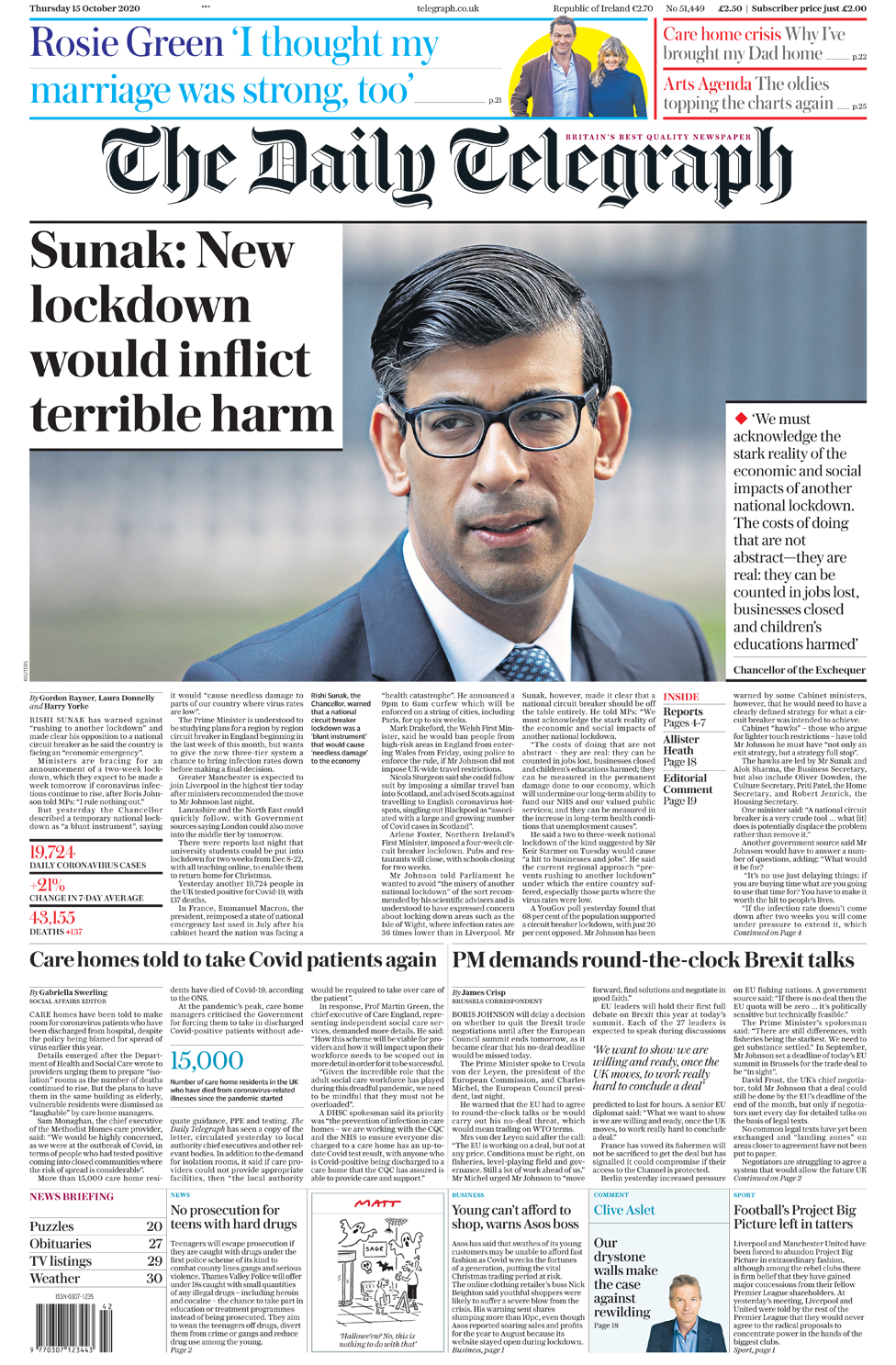 Daily Telegraph front page 15/10/20