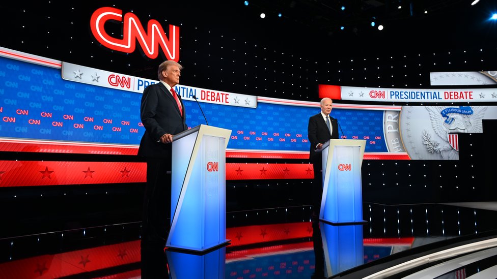 ATLANTA, GEORGIA, UNITED STATES - JUNE 27: President of the United States Joe Biden and Former President Donald Trump participate in the first Presidential Debate at CNN Studios in Atlanta, Georgia, United States on June 27, 2024. (Photo by Kyle Mazza/Anadolu via Getty Images)