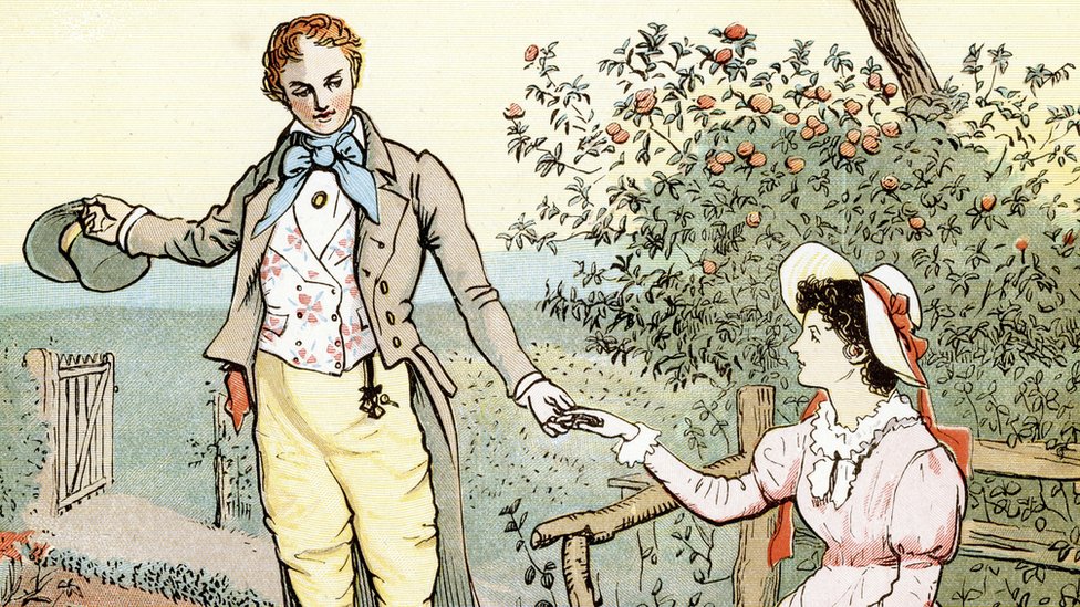 Grabado inglés que muestra a un hombre tomando de la mano a una mujer e invitándole a seguir su camino.