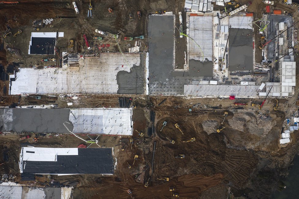 An aerial view of the construction of Huoshenshan hospital