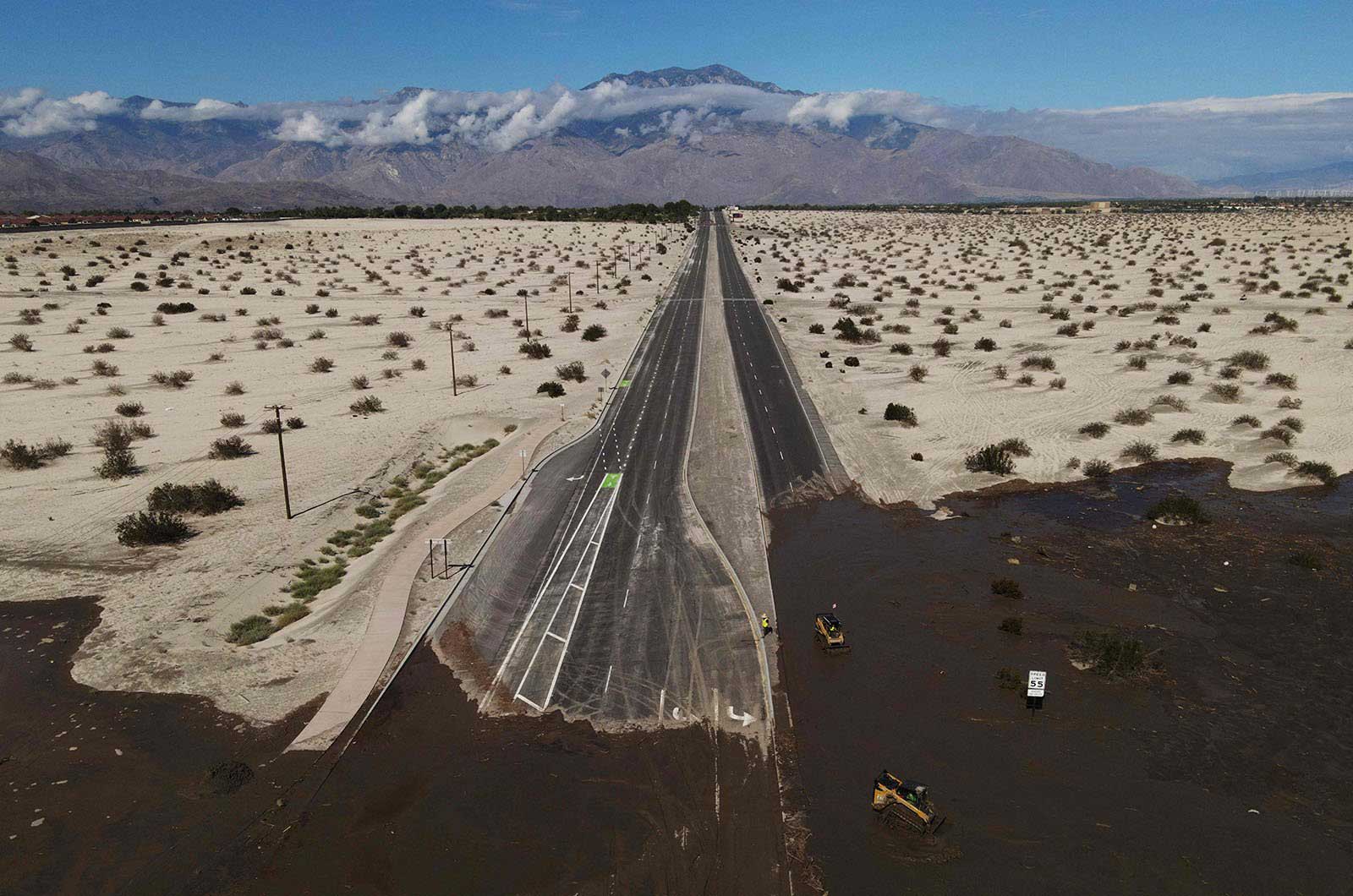 An aerial image shows a flooded desert highway in Rancho Mirage, California - 21 August, 2023.