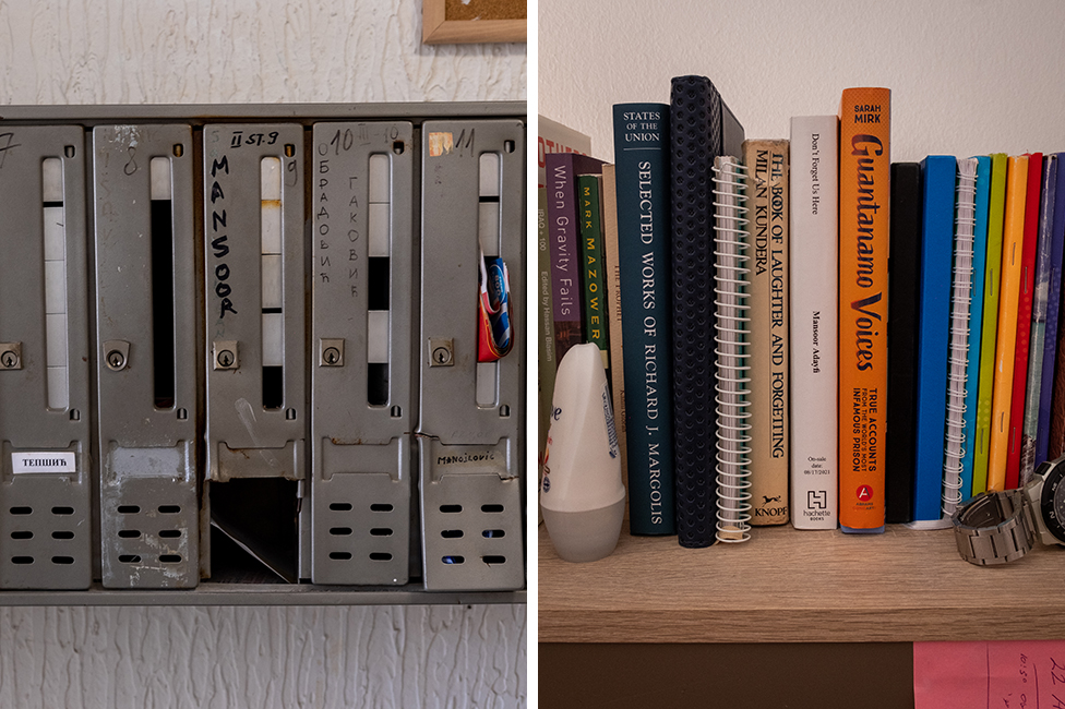 A mailbox at Adayfi's apartment, and Guantanamo books on his bookshelf.