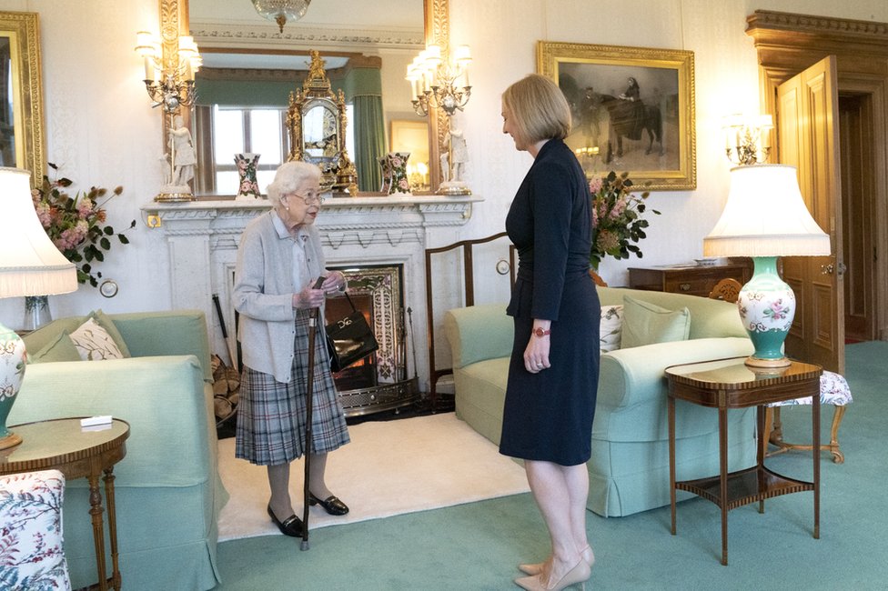 Queen Elizabeth II welcomes Liz Truss during an audience at Balmoral, Scotland