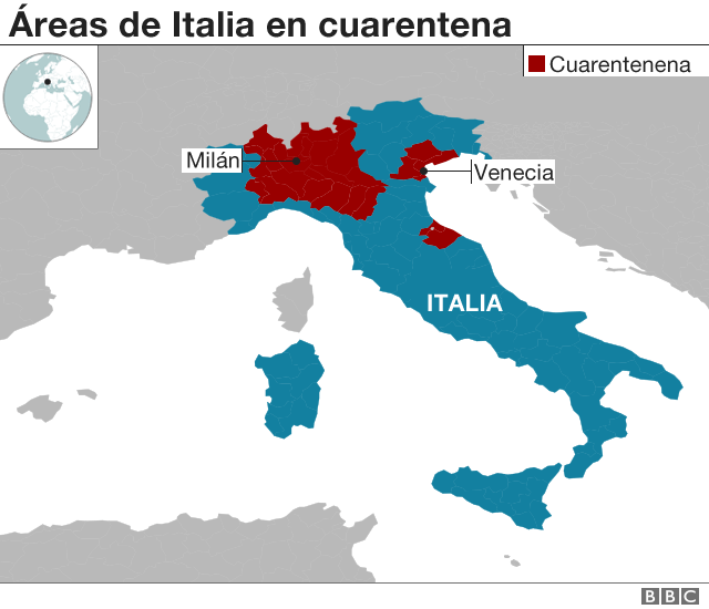Áreas de Italia en cuarentena