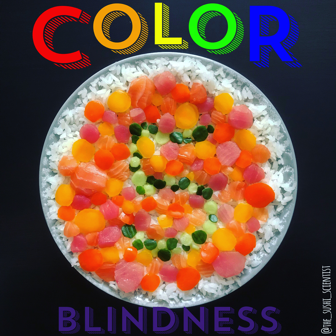 Ilustración para explicar el daltonismo hecha con sushi