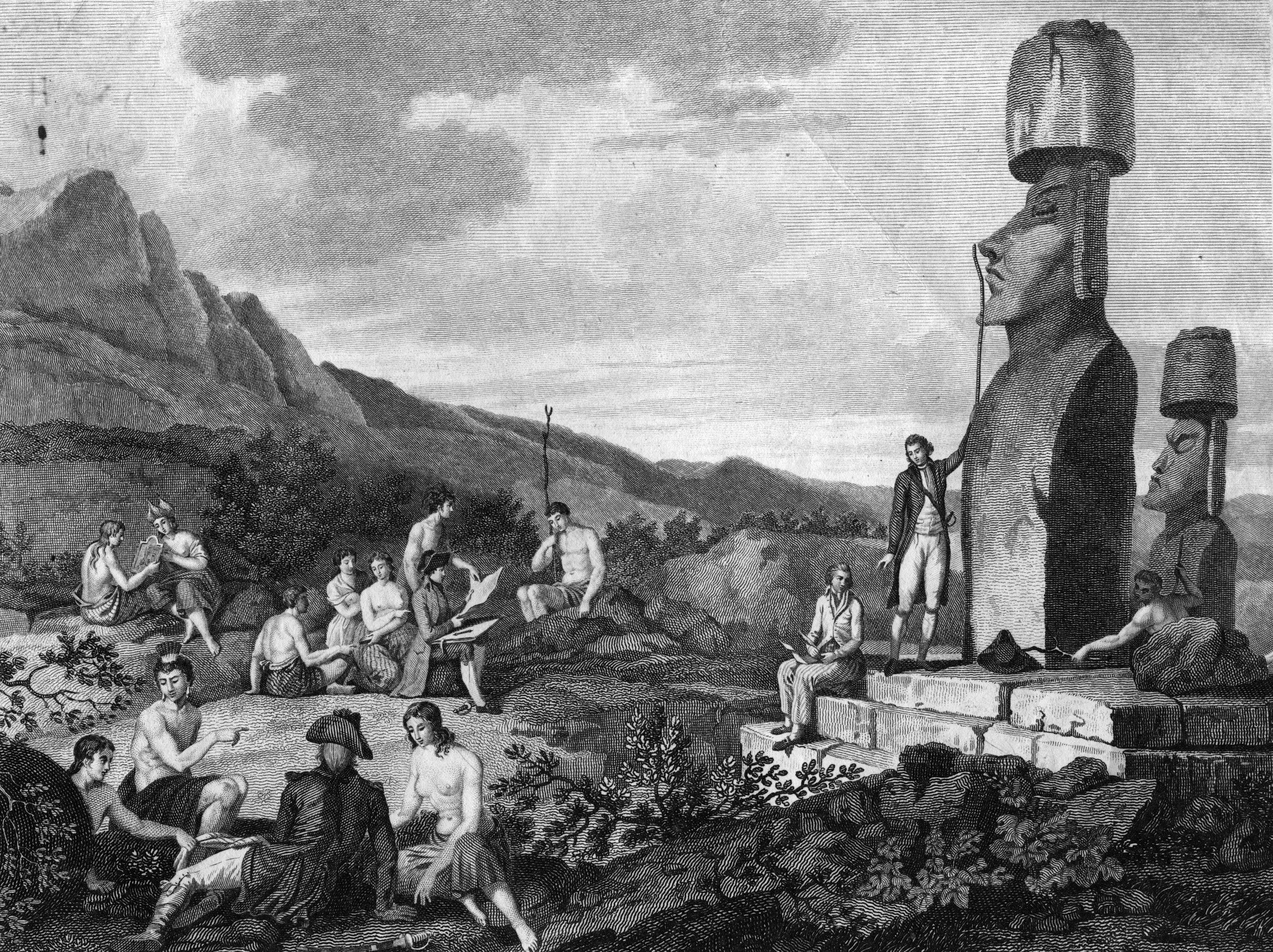 Las expediciones a la Isla de Pascua datan del siglo XVIII. Esta es una ilustración de una expedición europea de 1790. Ilustración de expedición a la Isla de Pascua.