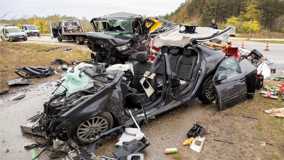 A crashed car carrying migrants is seen near Asotthalom, Hungary, near the Serbian border, October 27, 2023