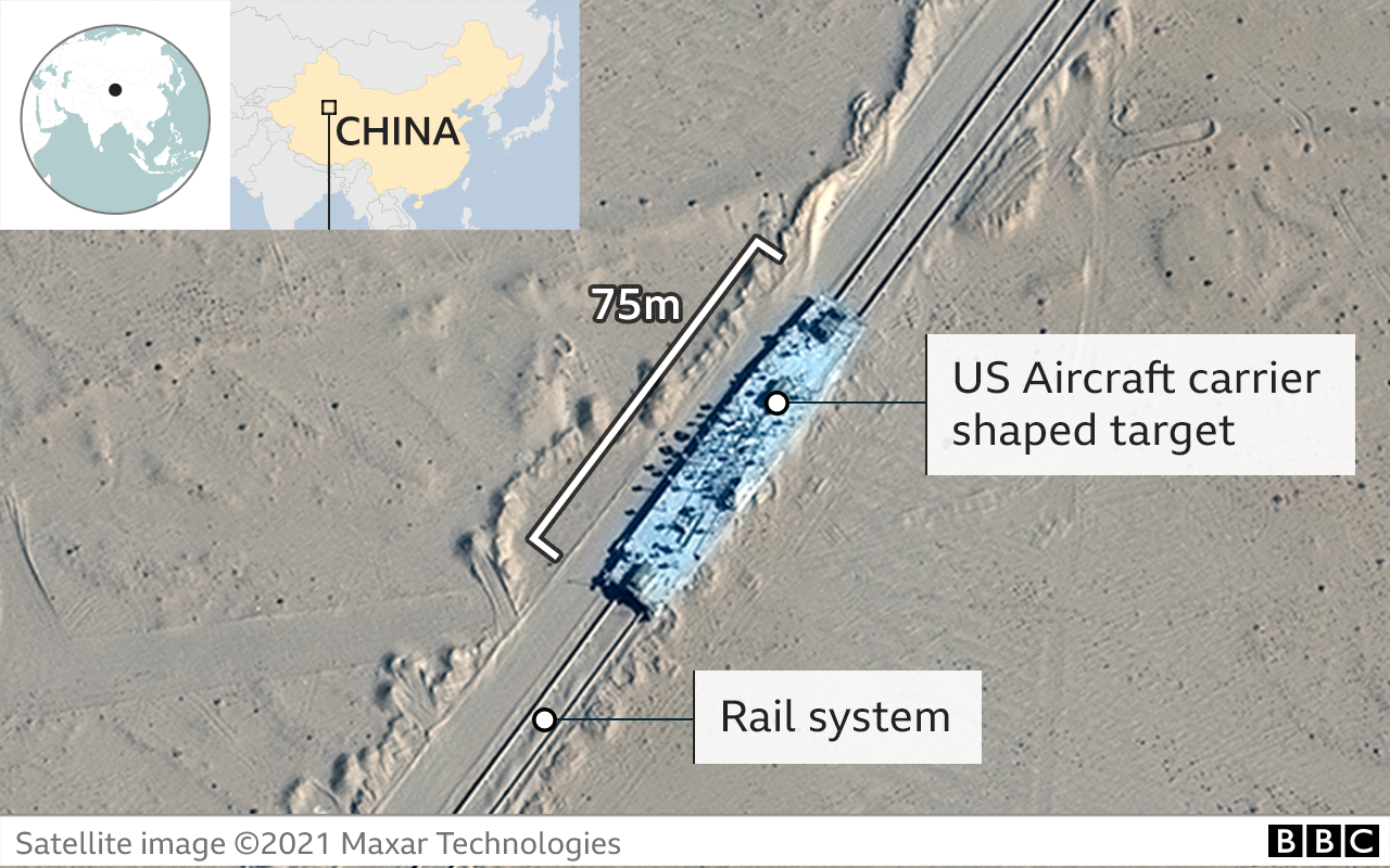美國空間技術公司麥克薩爾衛星圖像顯示，在新疆塔克拉瑪幹沙漠的一個靶場內，一個形似航空母艦的結構被安裝在軌道上。