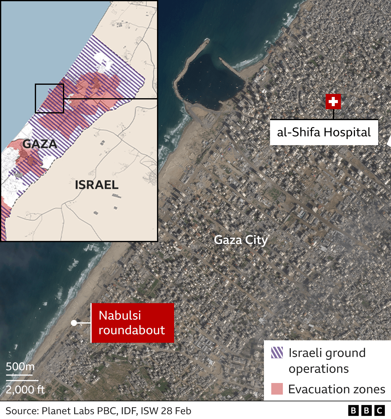 Map showing Gaza City, Nabulsi roundabout and al-Shifa Hospital