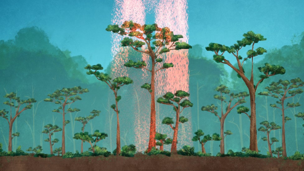 Ilustración una lluvia de láser cayendo sobre árboles en la Tierra