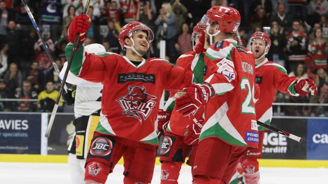 Bryce Reddick and Andrew Hotham celebrate a score during the Cardiff Devils' victory over Nottingham Panthers